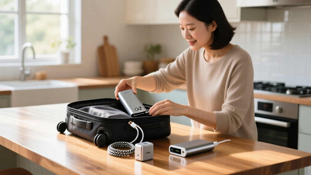 Mother organizing a travel bag with a Qi2 power bank, braided USB-C cable, and compact GaN charger on a wooden kitchen island