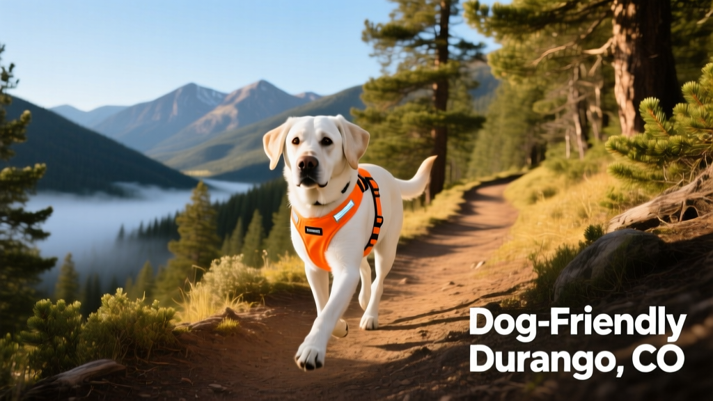 a white Labrador wearing an orange harness, trotting confidently along a forested mountain trail near Durango