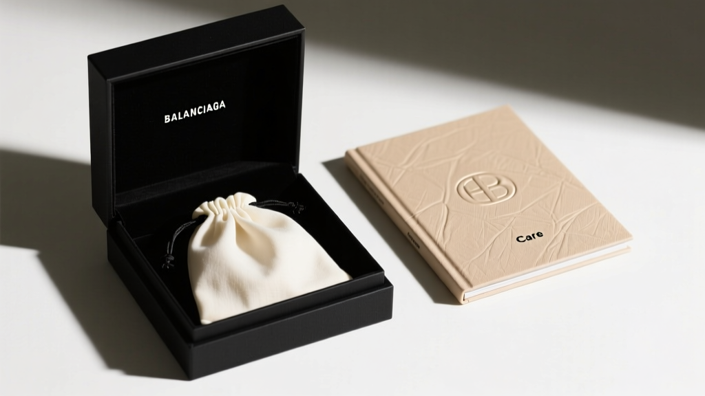 Top-down view of an open matte black Balenciaga jewelry box containing a folded microfiber dust bag and textured care booklet.
