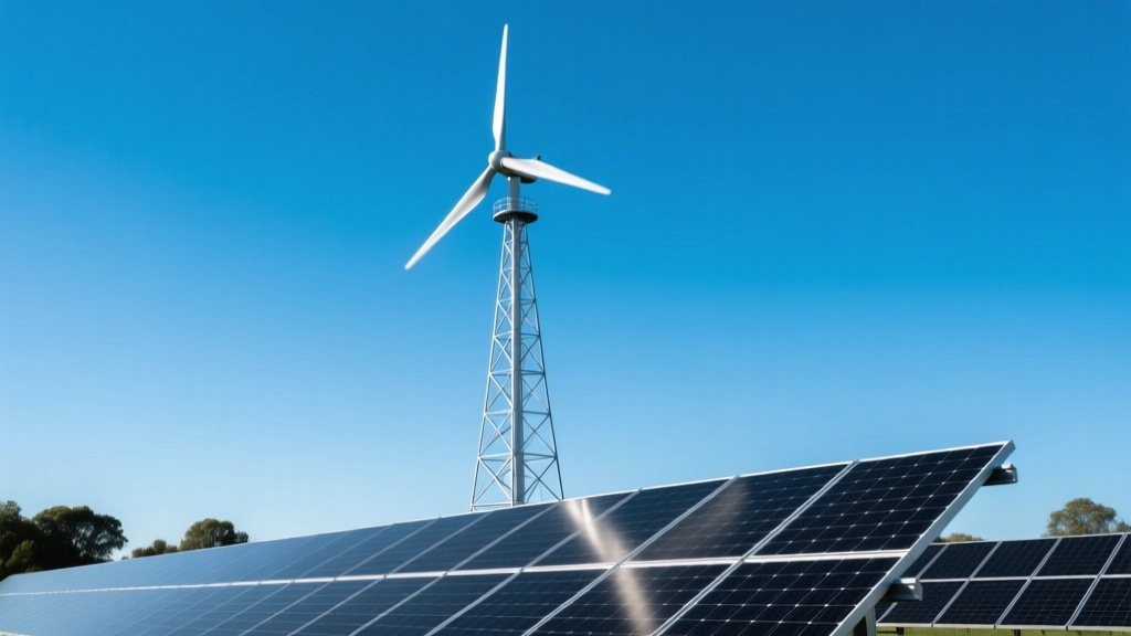 Residential wind turbine on a 100-foot galvanized steel lattice tower against a clear sky, with solar panels in the foreground.
