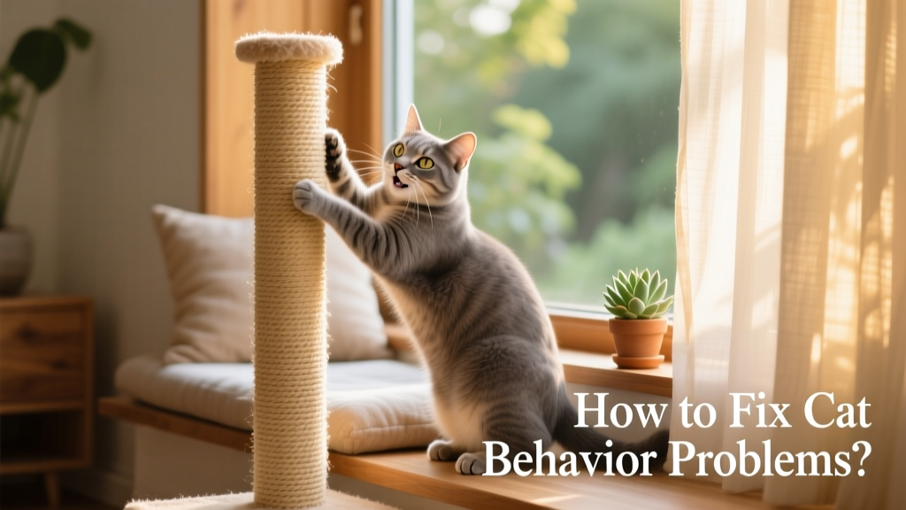 A cat happily scratching a vertical sisal post next to a cozy window perch