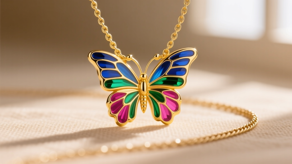 Close-up of a 14k yellow gold butterfly pendant with vibrant enamel wings on a delicate 18-inch cable chain.