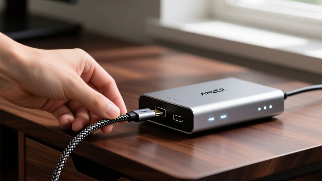 Close-up of a user plugging a braided active Thunderbolt 4 cable into the rear port of an Anker Apex docking station on a dark wood desk