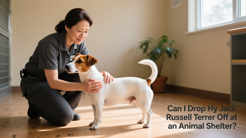 A compassionate staff member gently interacting with a Jack Russell Terrier in a quiet shelter room