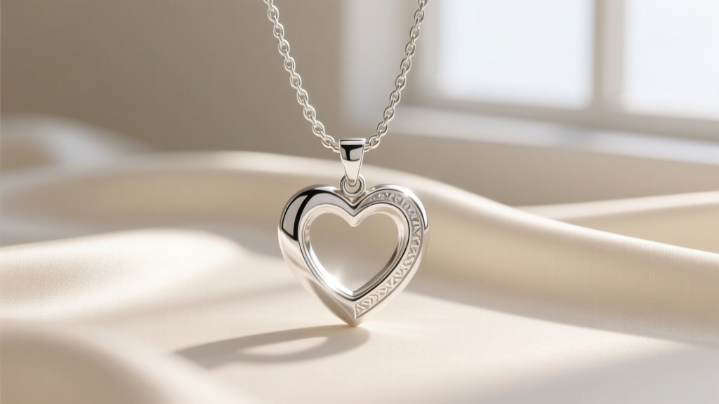 Sterling silver open heart pendant resting on a delicate 18-inch cable chain against a soft cream silk background, shot in macro.