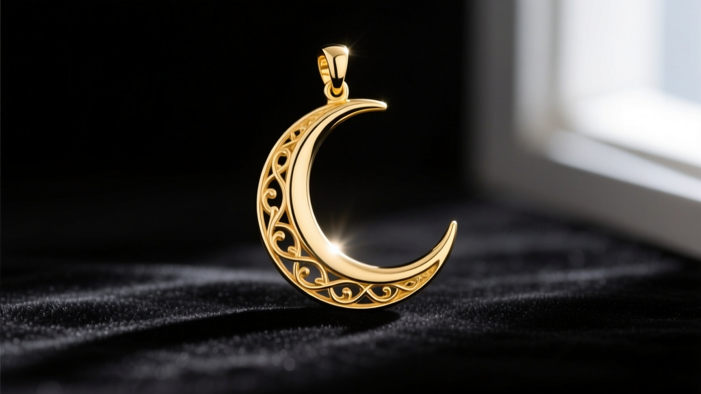Solid 14k yellow gold crescent moon pendant resting on dark velvet, showing polished metal reflections in soft light.