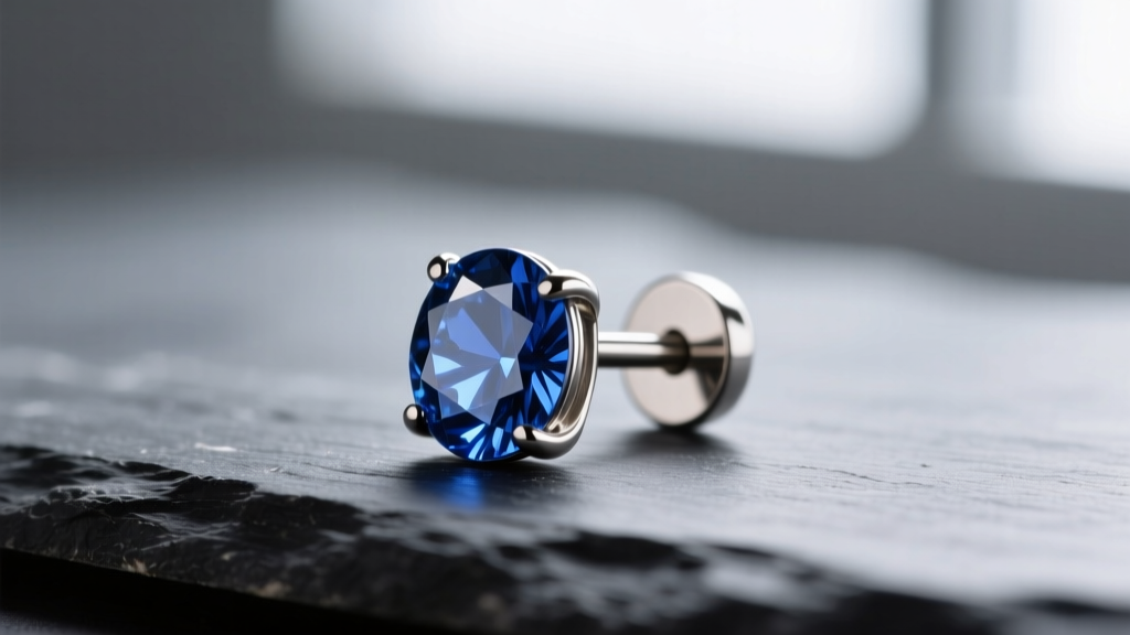 Macro shot of an 18-gauge titanium threadless earring post with a bezel-set sapphire gemstone resting on dark slate