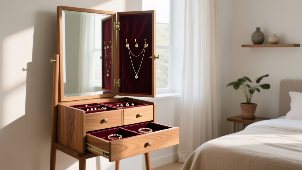 Full-length oak mirror stand with jewelry storage opened to reveal velvet-lined drawers and necklace hooks in a bright bedroom