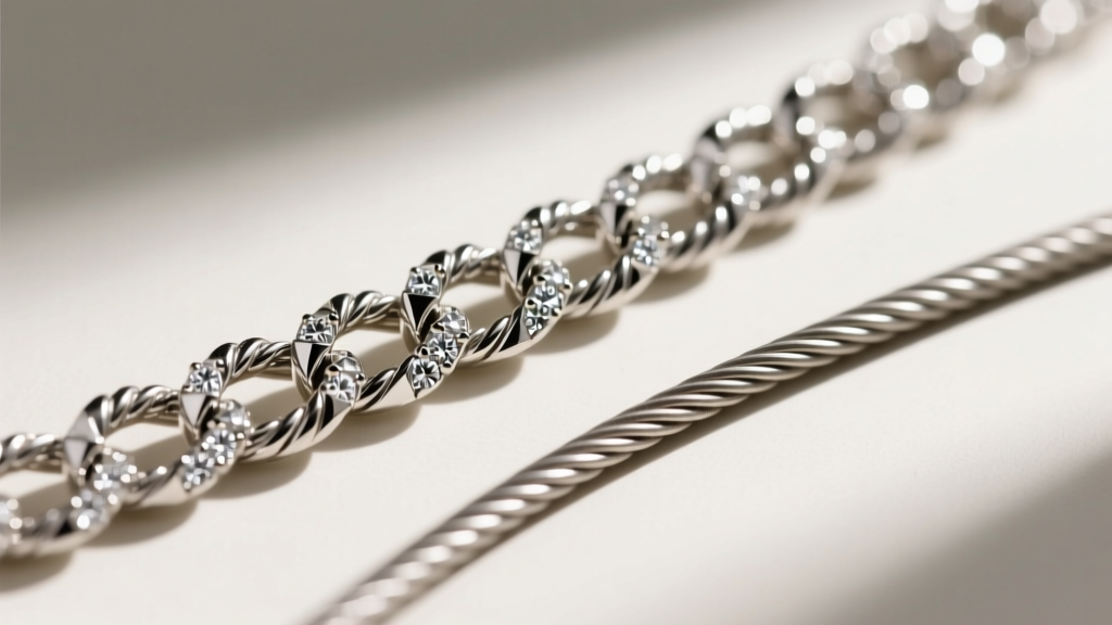Macro view of a diamond-cut Italian 925 silver rope chain next to a cable chain, highlighting link density and light reflection.