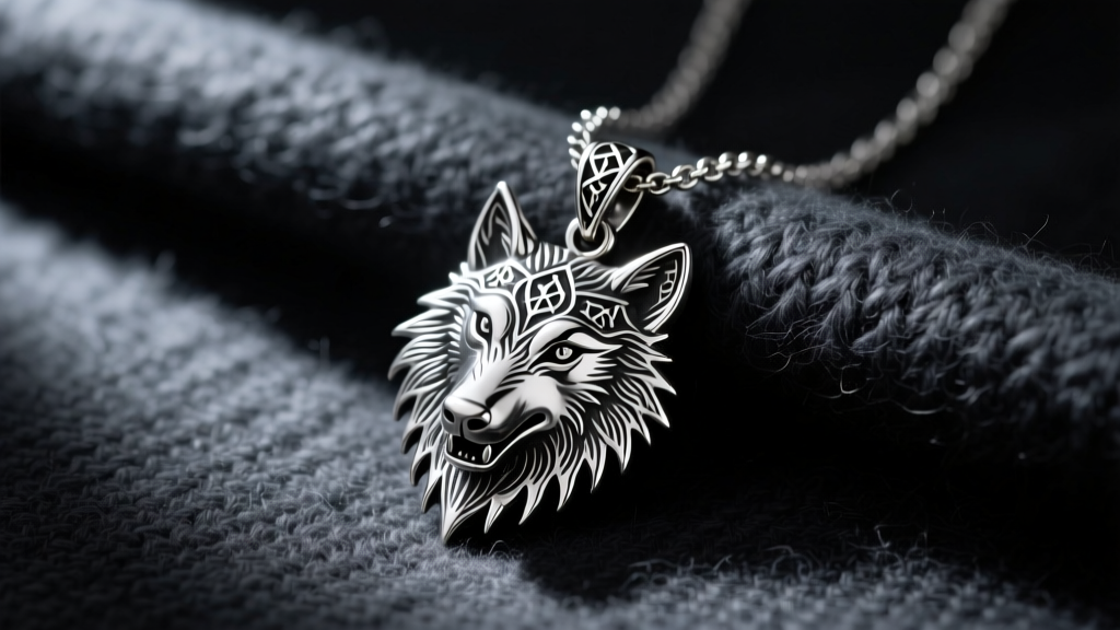 Sterling silver direwolf pendant on dark wool, moody lighting highlighting the intricate fantasy metalwork and delicate chain.