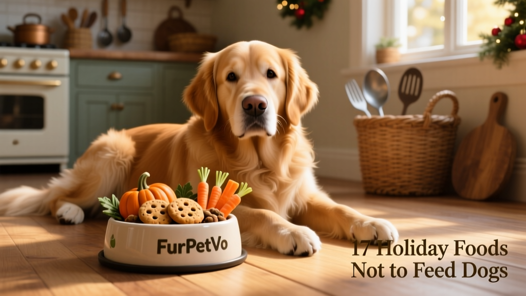 A calm, healthy dog resting beside a pet-safe holiday treat bowl—featuring pumpkin biscuits and carrot sticks from FurPetVo