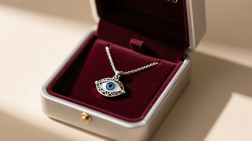 Open anti-tarnish jewelry box showing a sterling silver necklace evil eye charm stored safely in a soft velvet compartment.