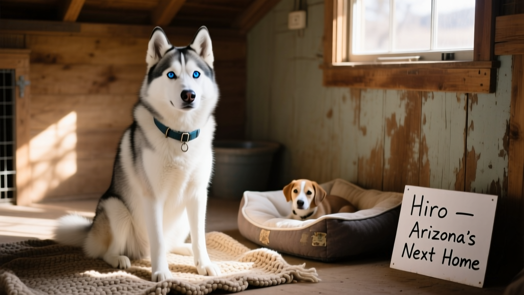 Hiro, a white-and-gray Siberian Husky, sitting calmly in a sunlit shelter room with a gentle expression