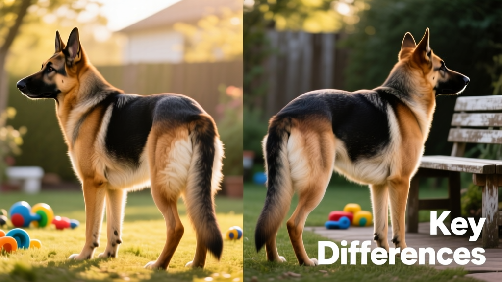 Side-by-side comparison showing a straight-backed German Shepherd standing alert and a sloped-backed one in profile, highlighting the angle of the hindquarters