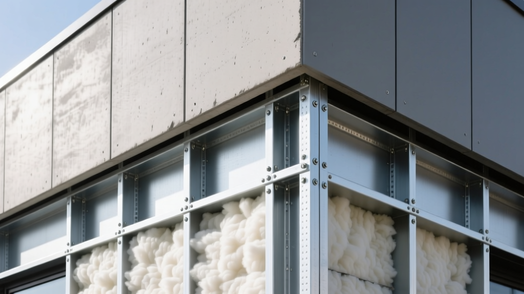 Cross-section of non-combustible materials showing mineral wool insulation and fiber cement cladding installed on a structural steel frame