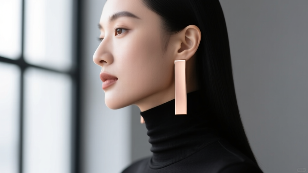 Side profile of a woman wearing elongated square drop earrings in brushed rose gold, set against a minimalist black turtleneck.