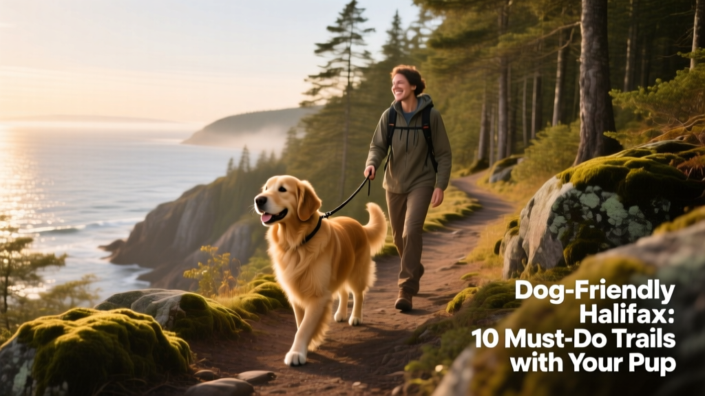 A dog and owner hiking side-by-side on a scenic, forested trail overlooking the Atlantic Ocean near Halifax