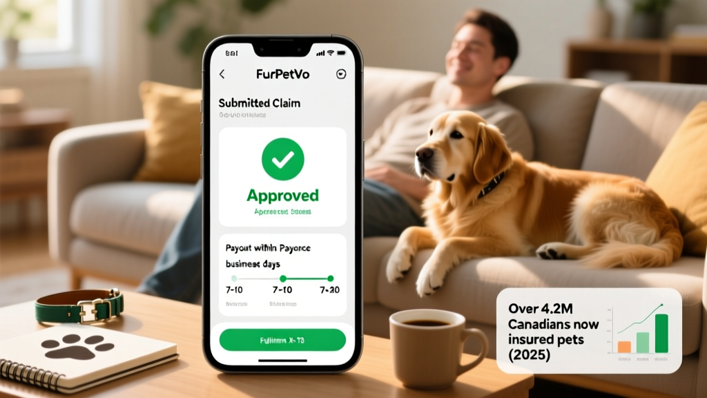 Screenshot of the FurPetVo mobile app showing a submitted claim with 'Approved' status and estimated payout timeline