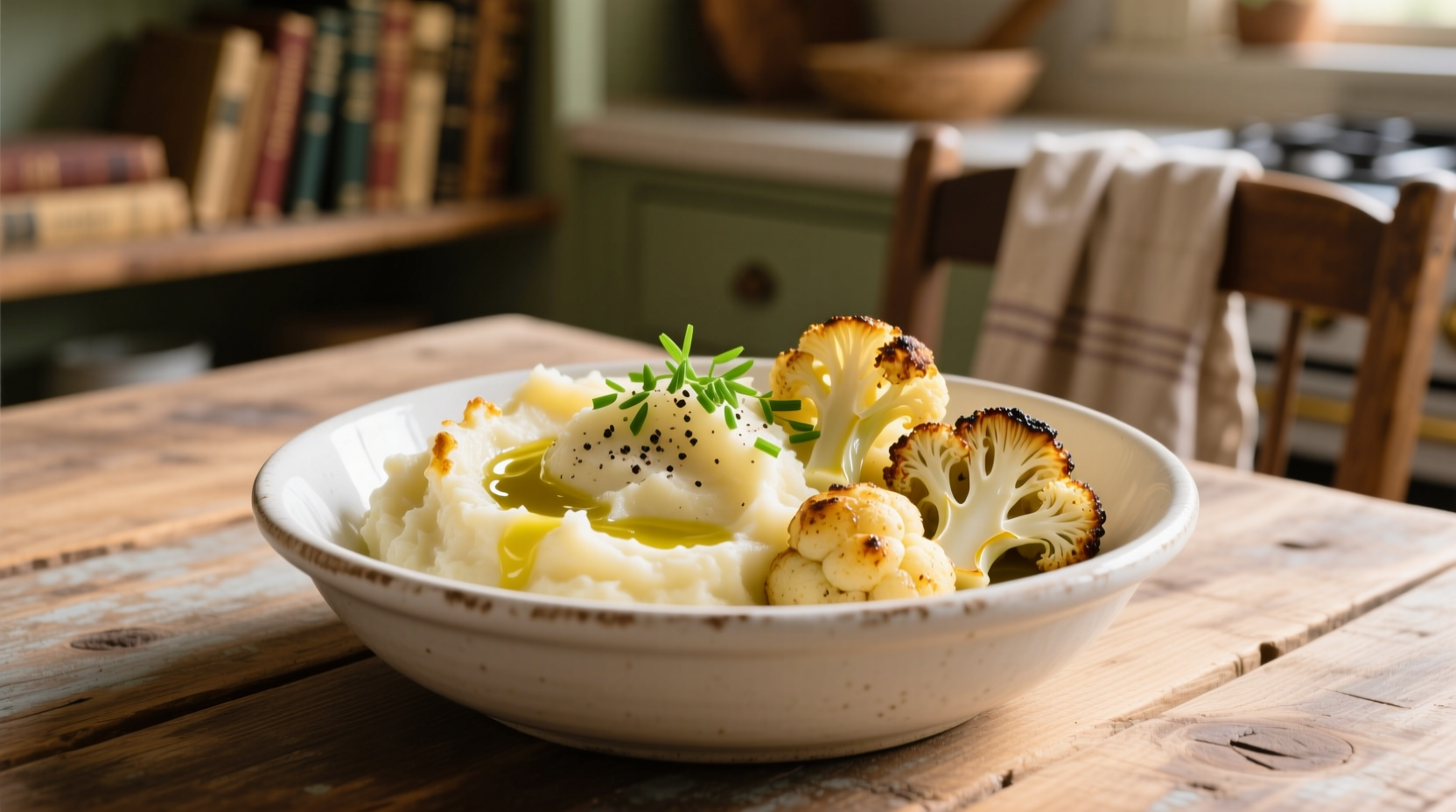 Creamy mashed potatoes and cauliflower in white bowl