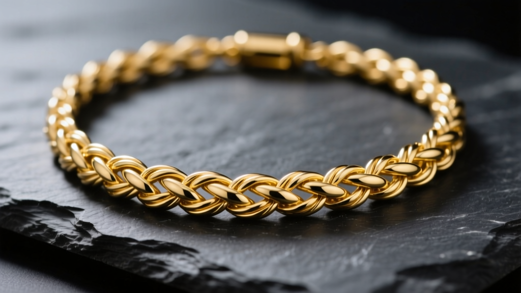 Macro shot of 18k yellow gold French rope twisted necklace on dark slate, revealing intricate woven metal texture under studio lighting.