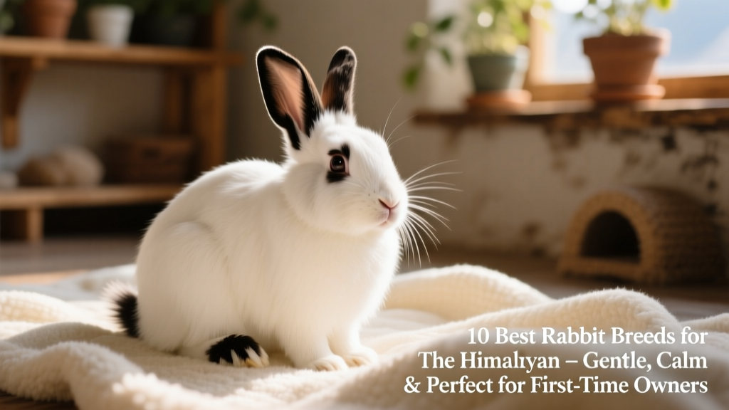 A calm Himalayan rabbit with white fur and dark points on ears, nose, feet, and tail, sitting peacefully on a soft blanket