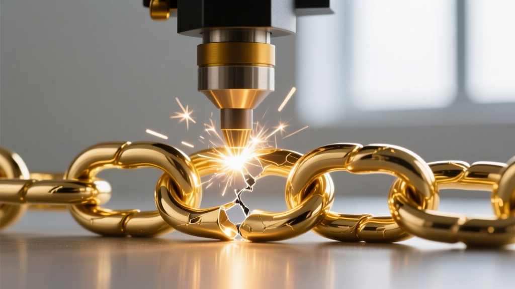 Extreme close-up of a laser welding machine repairing a fractured 14k gold rope chain link, showing a tiny bright spark