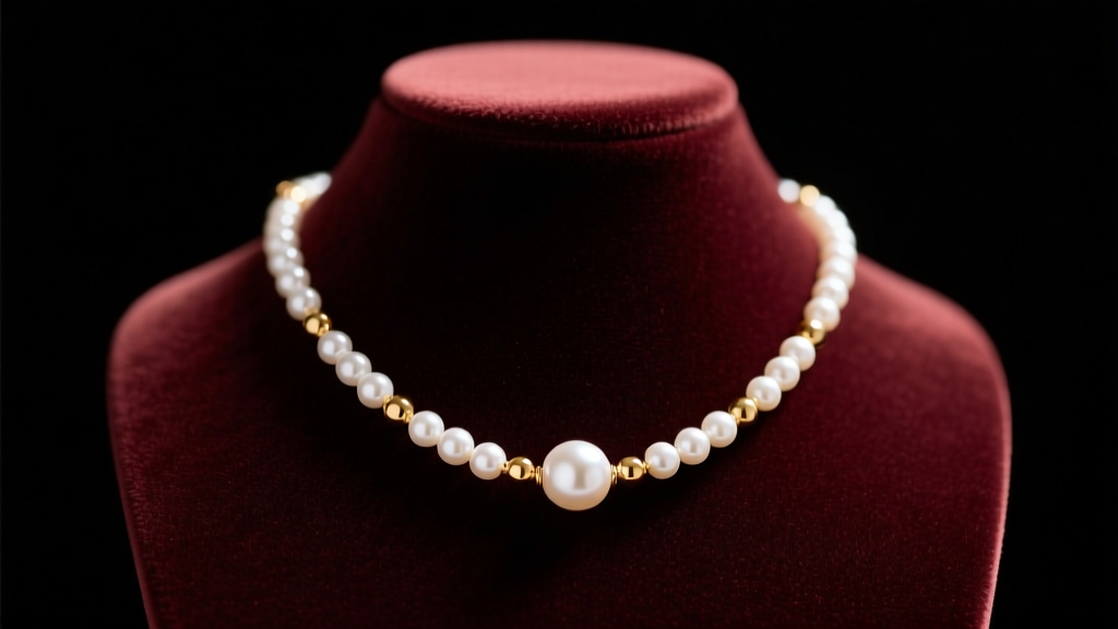 White freshwater pearl and 14k gold bead necklace draped over dark velvet jewelry bust, illuminated by soft warm studio lighting