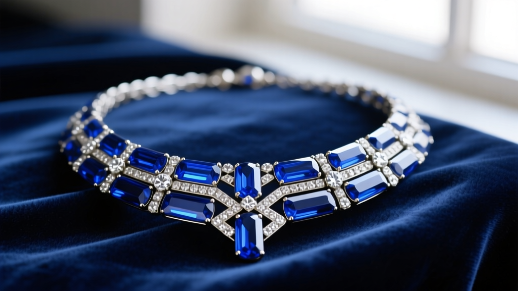 Macro shot of an Art Deco vintage blue necklace featuring cobalt glass baguettes and diamond accents resting on dark velvet fabric.