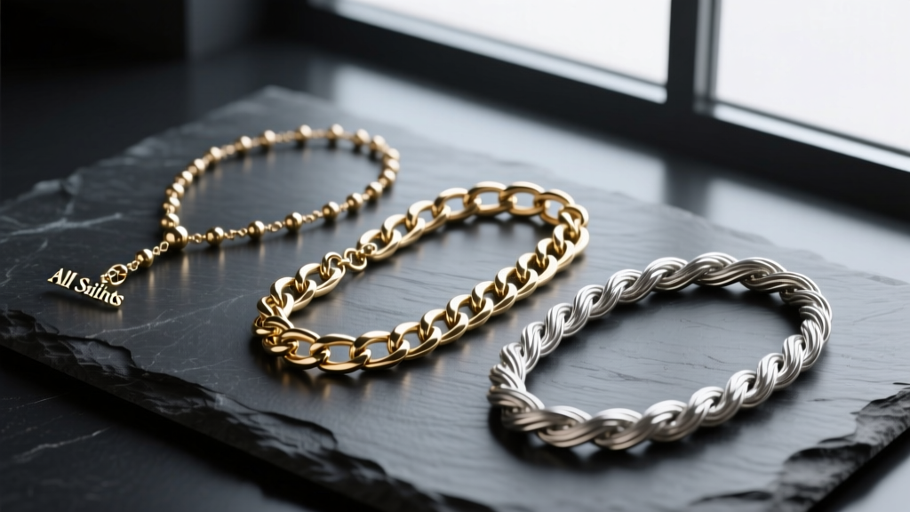 Flat lay of three different brass and silver All Saints chains, including a rosary and curb chain, on a dark slate surface