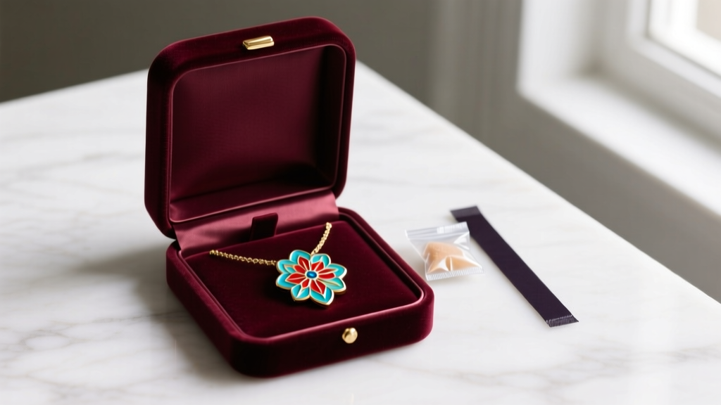 Open velvet jewelry box storing an enamel necklace badge safely, alongside a small silica gel packet and a dark anti-tarnish strip.