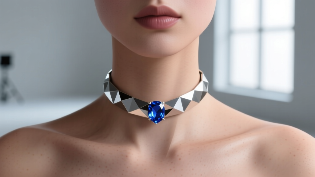 Close-up of a Sim collarbone showcasing a delicate low-poly choker necklace with a sapphire gem in the Create-A-Sim interface.