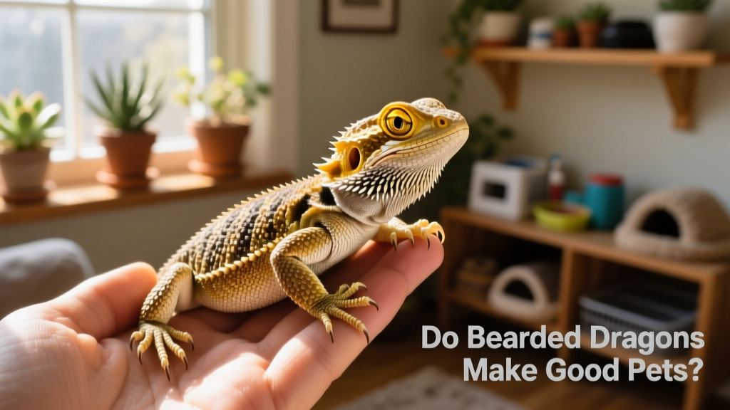 A calm, alert bearded dragon perched on a hand, showing its gentle nature