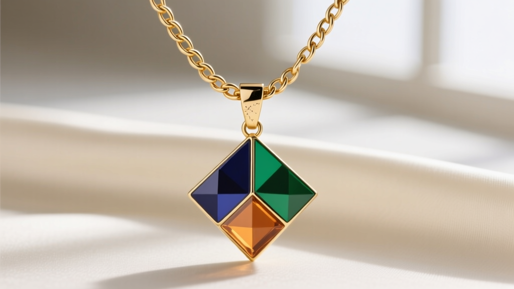 Close-up of a 1.5mm 14k solid gold box chain with a secure lobster clasp, paired with a geometric three-part mosaic pendant