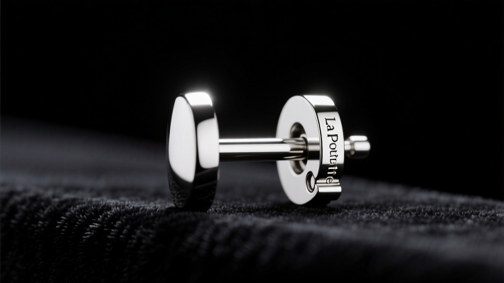 Macro shot of a 14-gauge platinum earring post with a La Pousette locking back, resting on dark velvet under bright studio lights.