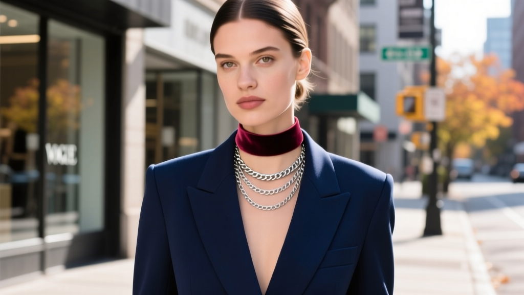 Street style photo of a woman layering a delicate chain over a slim velvet dog collar necklace, paired with a structured blazer