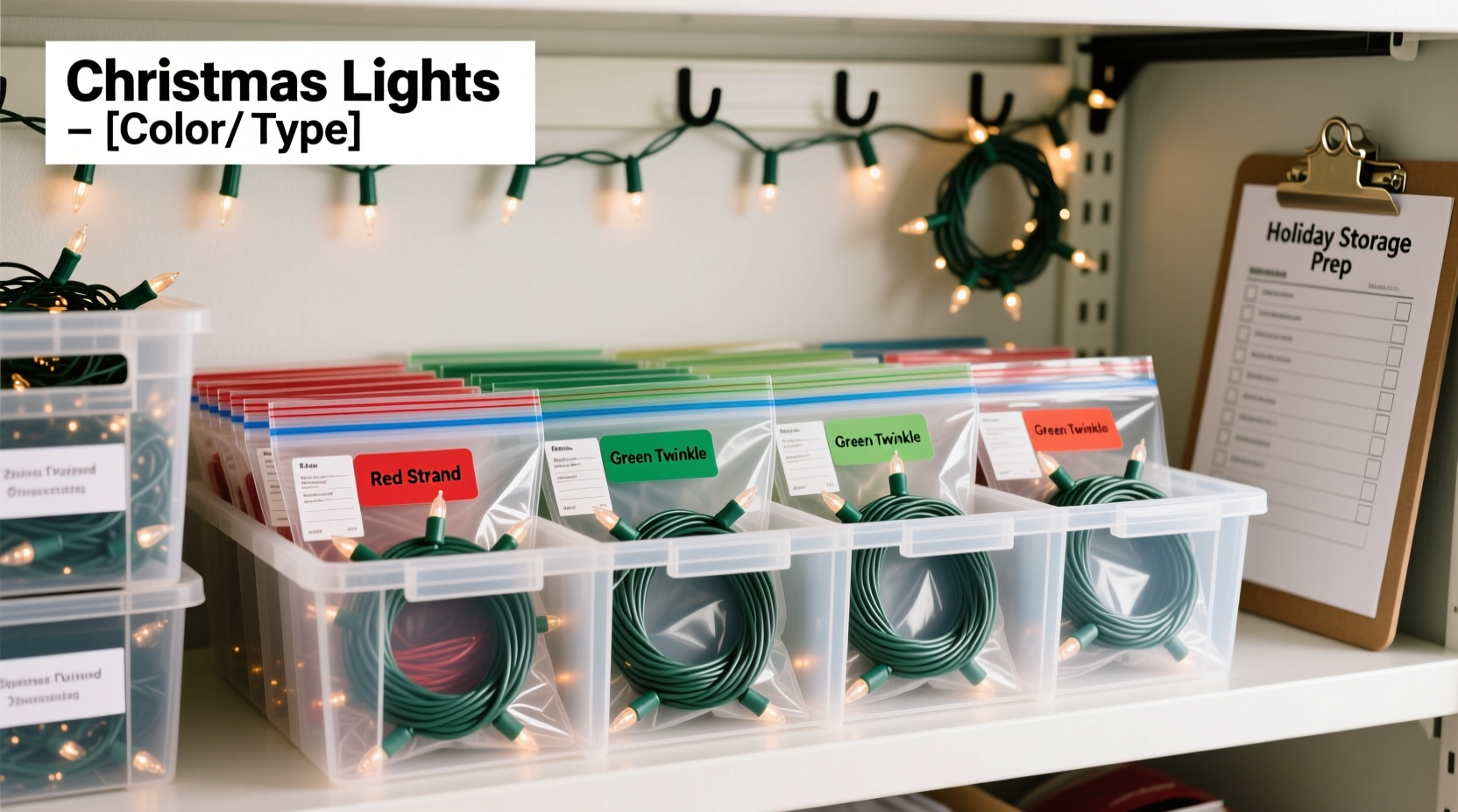 how to organize hundreds of christmas lights before storage using labeled ziplock systems