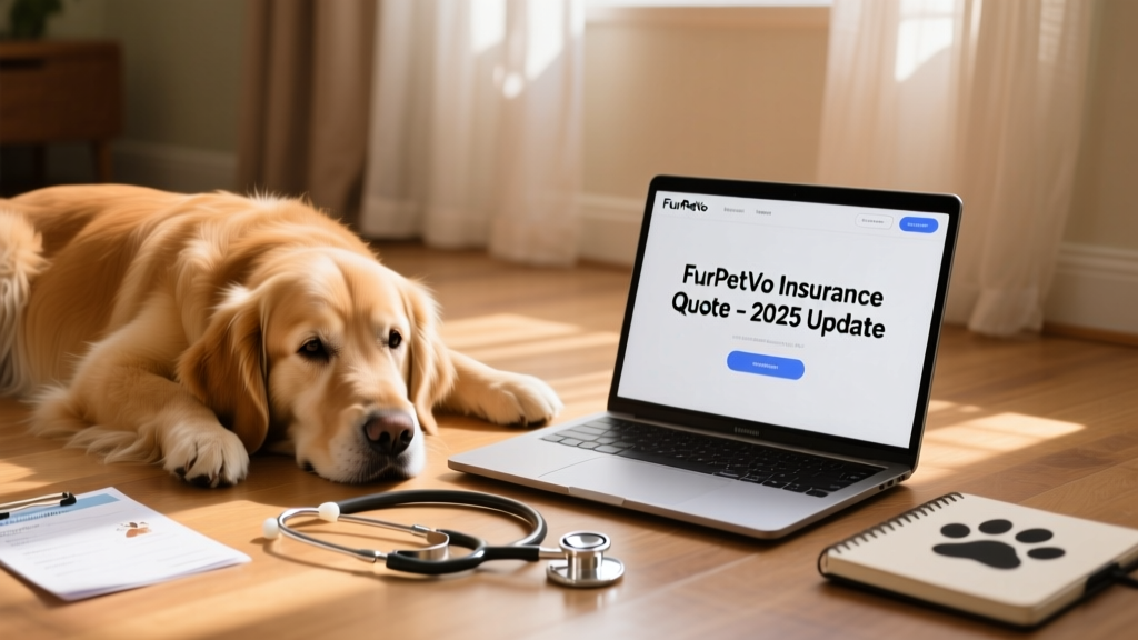 A calm golden retriever resting beside a stethoscope and a laptop displaying a FurPetVo insurance quote