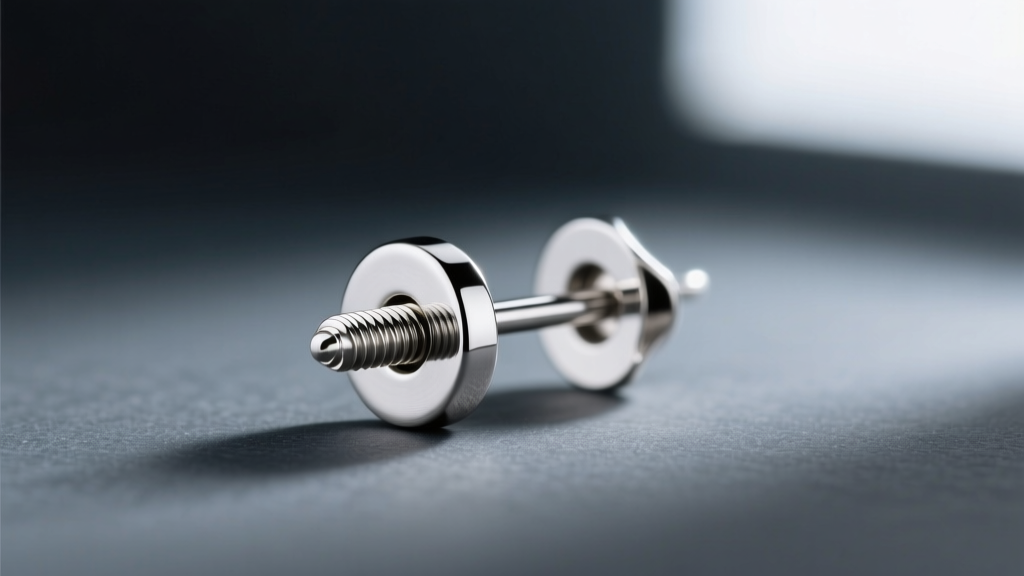 Macro shot of a 20-gauge sterling silver earring post with a threaded screw-back mechanism against a dark slate background.