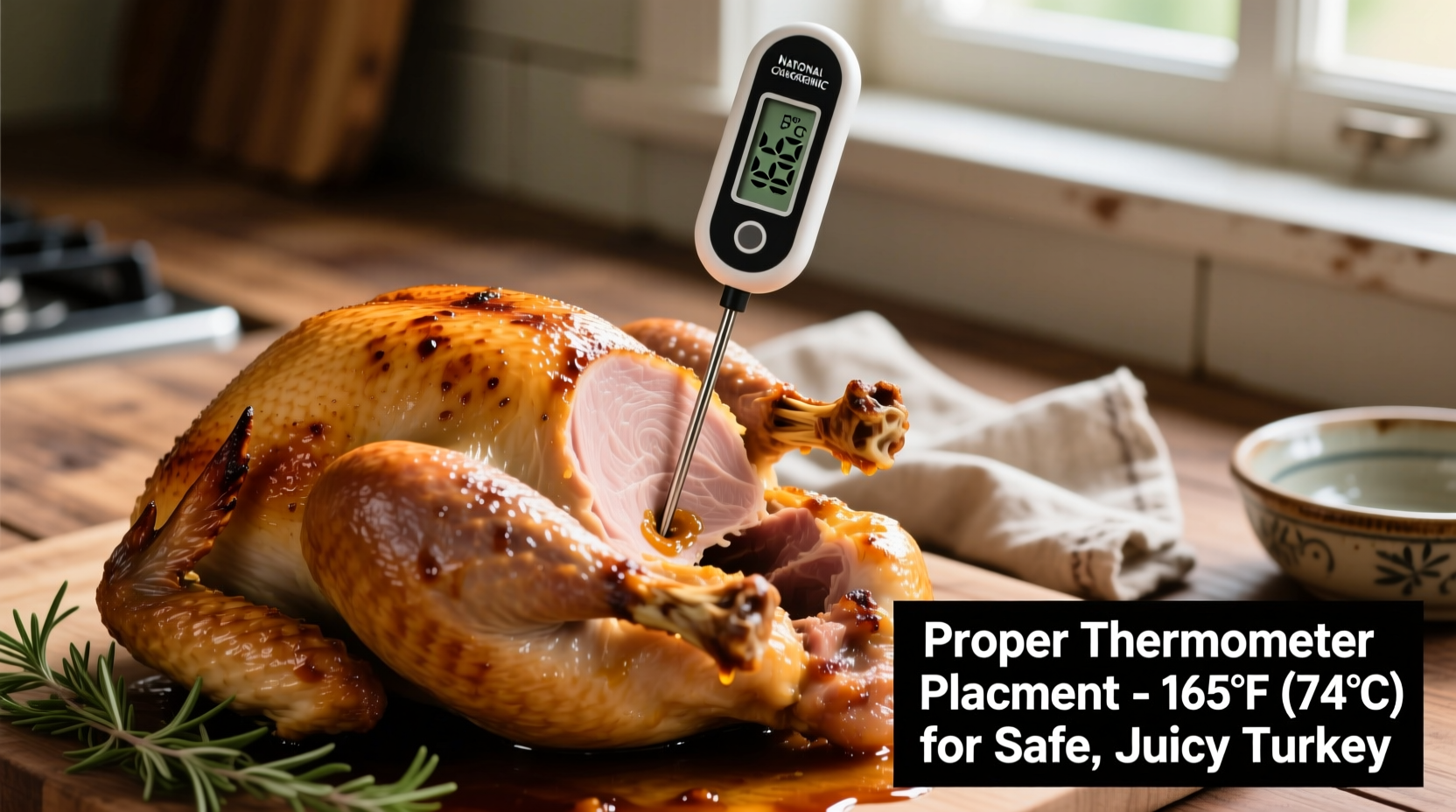 Proper thermometer placement in roasted turkey