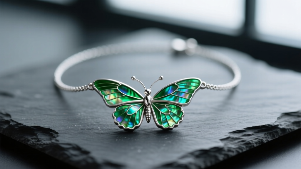 Macro shot of an iridescent abalone butterfly necklace on dark slate, showing vibrant green shell inlays and silver prongs