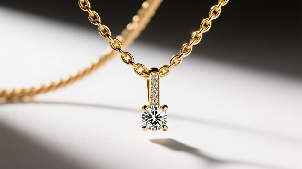 Macro shot of a 0.9mm micro-cable gold chain linking to a four-prong melee diamond initial pendant under bright studio lighting.