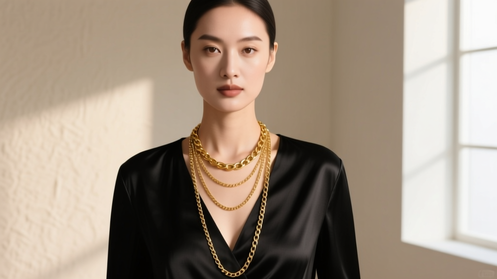 Woman wearing a layered gold necklace set over a black V-neck silk blouse, showing staggered 14, 16, and 18-inch chain lengths.