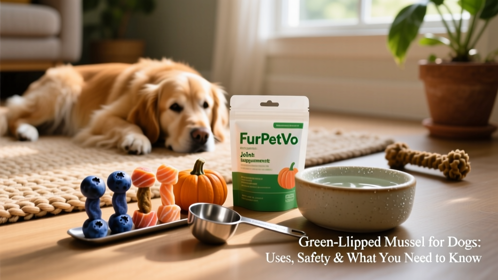 Close-up of FurPetVo joint supplement soft chews arranged neatly beside a measuring scoop and water bowl