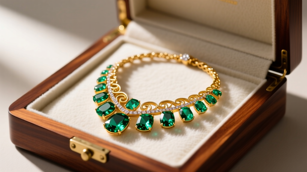 Open mahogany jewelry box showing a heavy gold and emerald high-jewelry necklace resting on an anti-tarnish treated flannel cloth