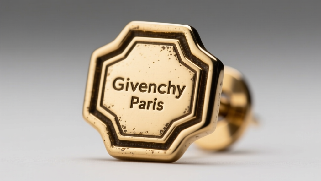 Macro close-up of a vintage Givenchy earring back showing the engraved Givenchy Paris copyright hallmark on gold-toned brass.