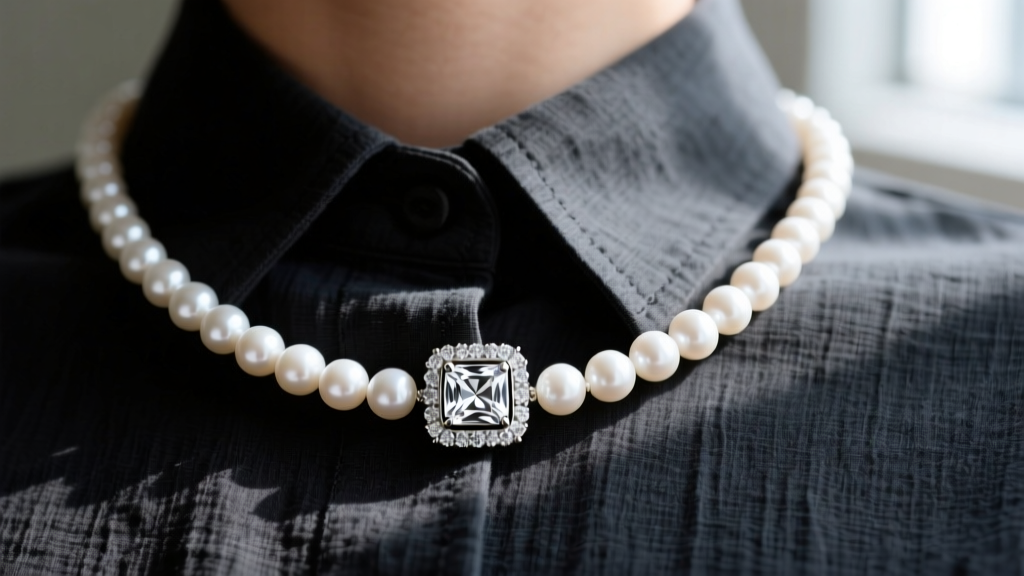 Close-up of a masculine 9mm white Akoya pearl necklace with a diamond-encrusted box clasp resting on a dark charcoal linen shirt