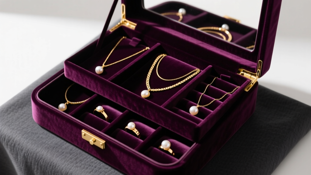 Overhead view of open aubergine velvet jewelry organizer displaying layered gold necklaces and pearl rings against dark fabric.