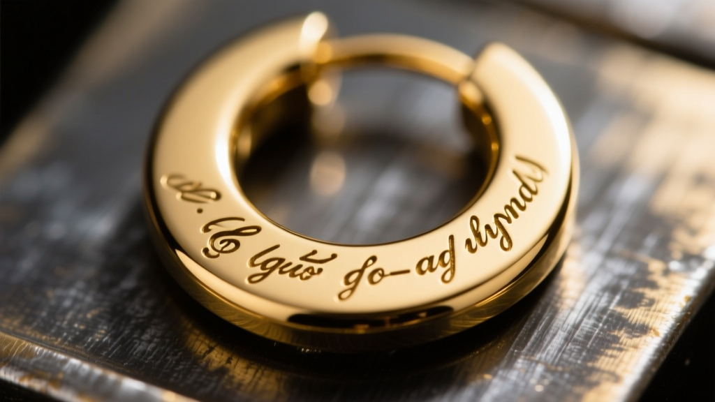 Macro shot of micro-engraved lyrics inside a gold huggie, highlighting the crisp sans-serif font and dark oxidized metal contrast.