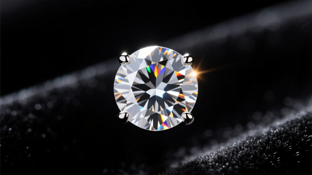 Macro shot of a 0.75ct round brilliant diamond earring showing crisp facets and light return against a dark velvet background