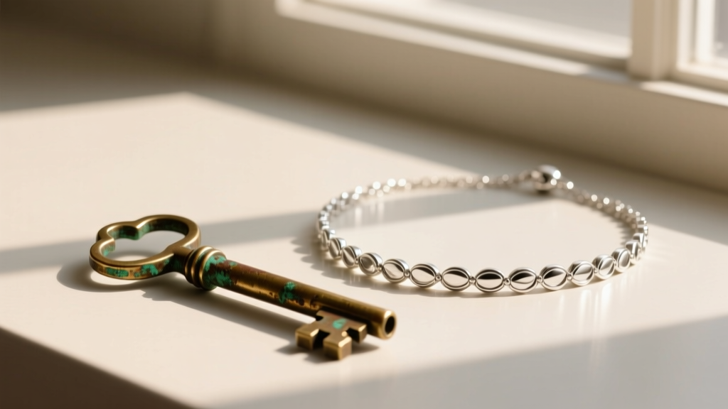 Tarnished brass key beside a polished 925 silver key necklace, showing the contrast in surface oxidation and bright metal luster